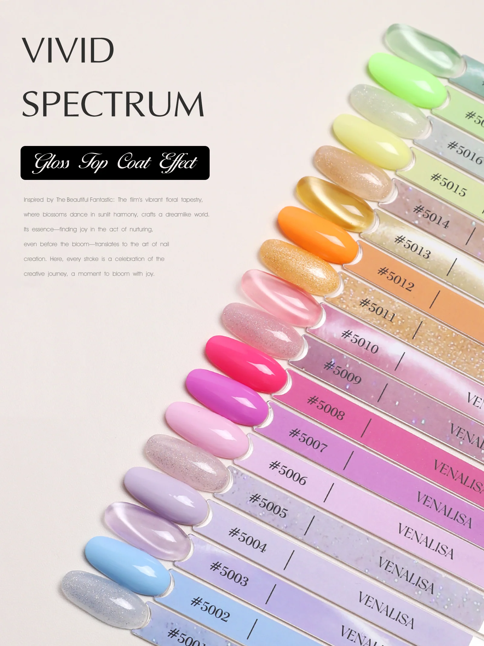 Venalisa V1 Vivid Spectrum – a 18 szín swatch-pálcákon, fényes top coattal