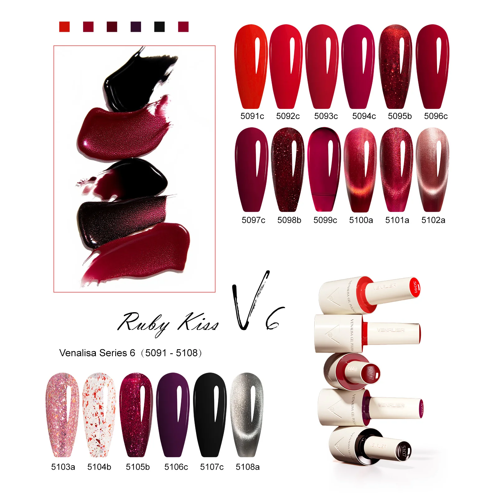 Venalisa V6 Ruby Kiss – a 18 szín swatch-pálcákon, fényes top coattal