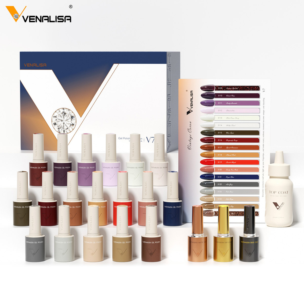 Venalisa V7 Vintage Cocoa szett tartalma: 18 szín, base coat, top coat, matt top coat és 60 ml utántöltő