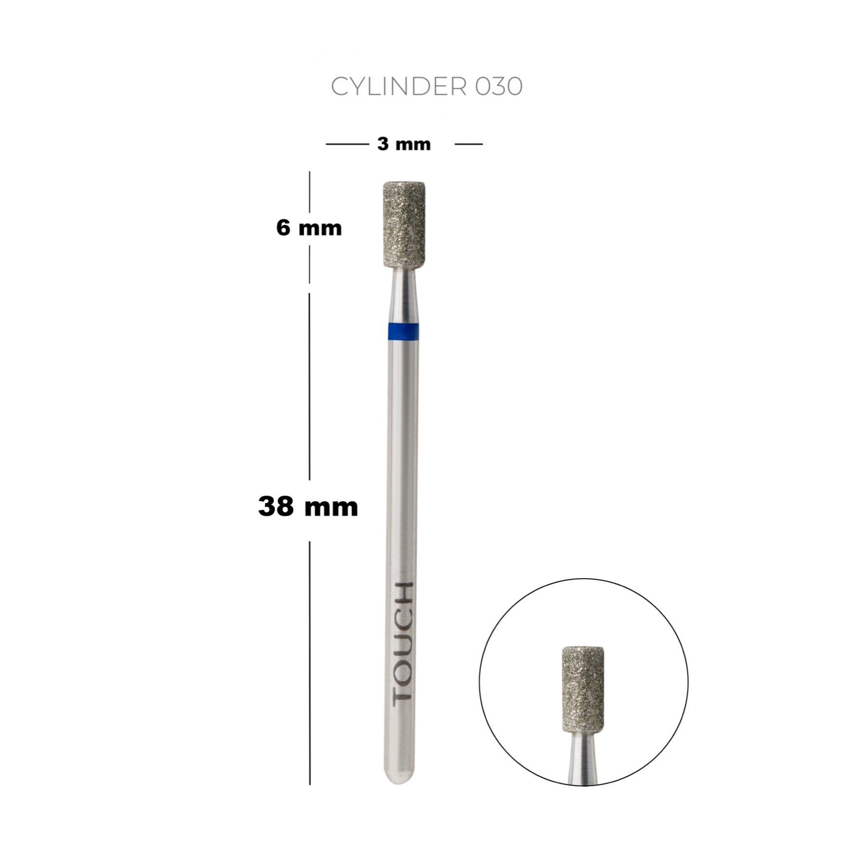 TOUCH gyémántporos csiszolófej - henger 3,0 mm - kék gyűrű, közepes