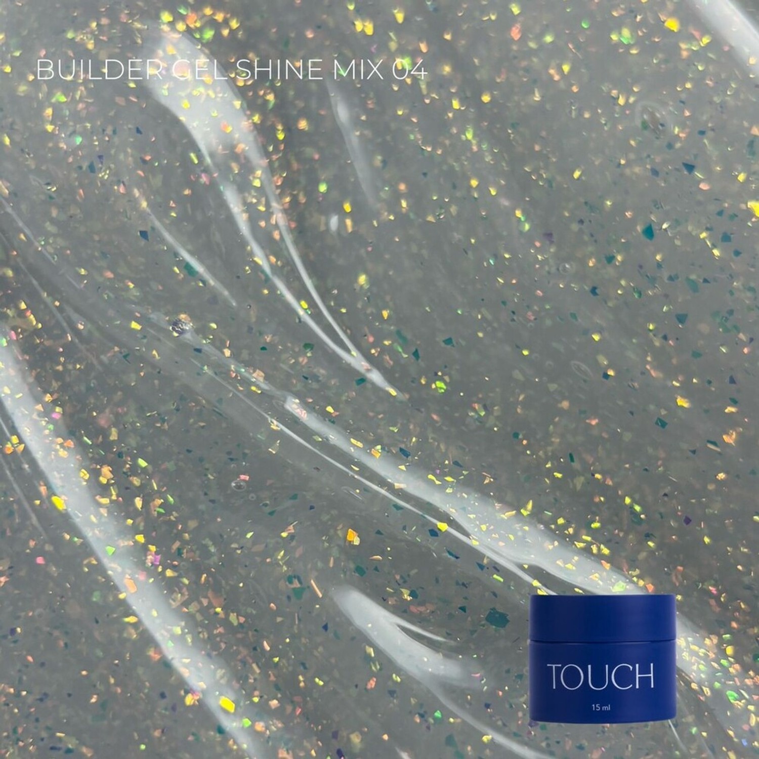 TOUCH Builder Gel 15 ml Shine Mix No.04 – áttetsző, arany-zöld színjátszó pehelycsillámmal
