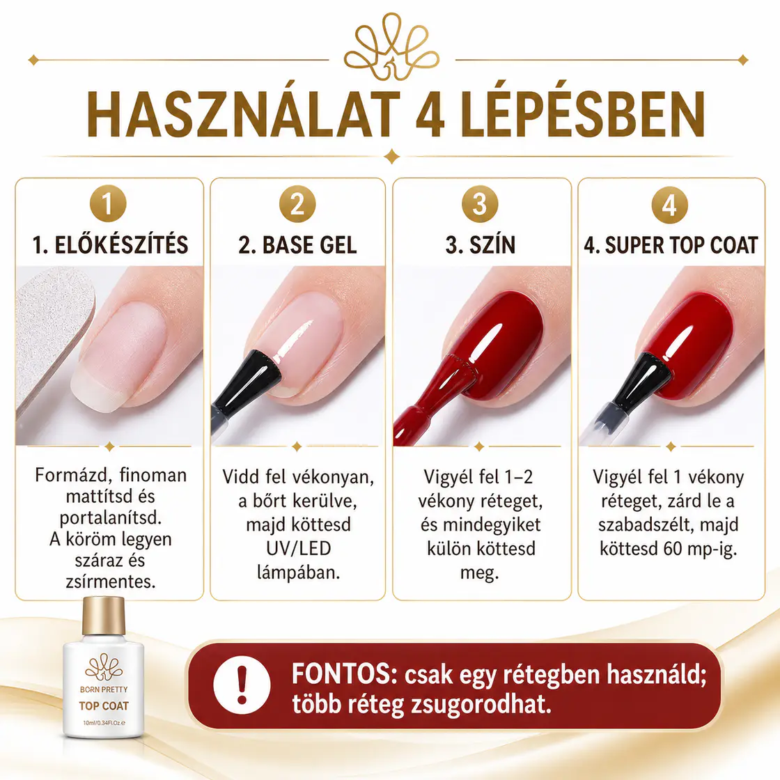 BORN PRETTY Super Top Coat használata négy lépésben