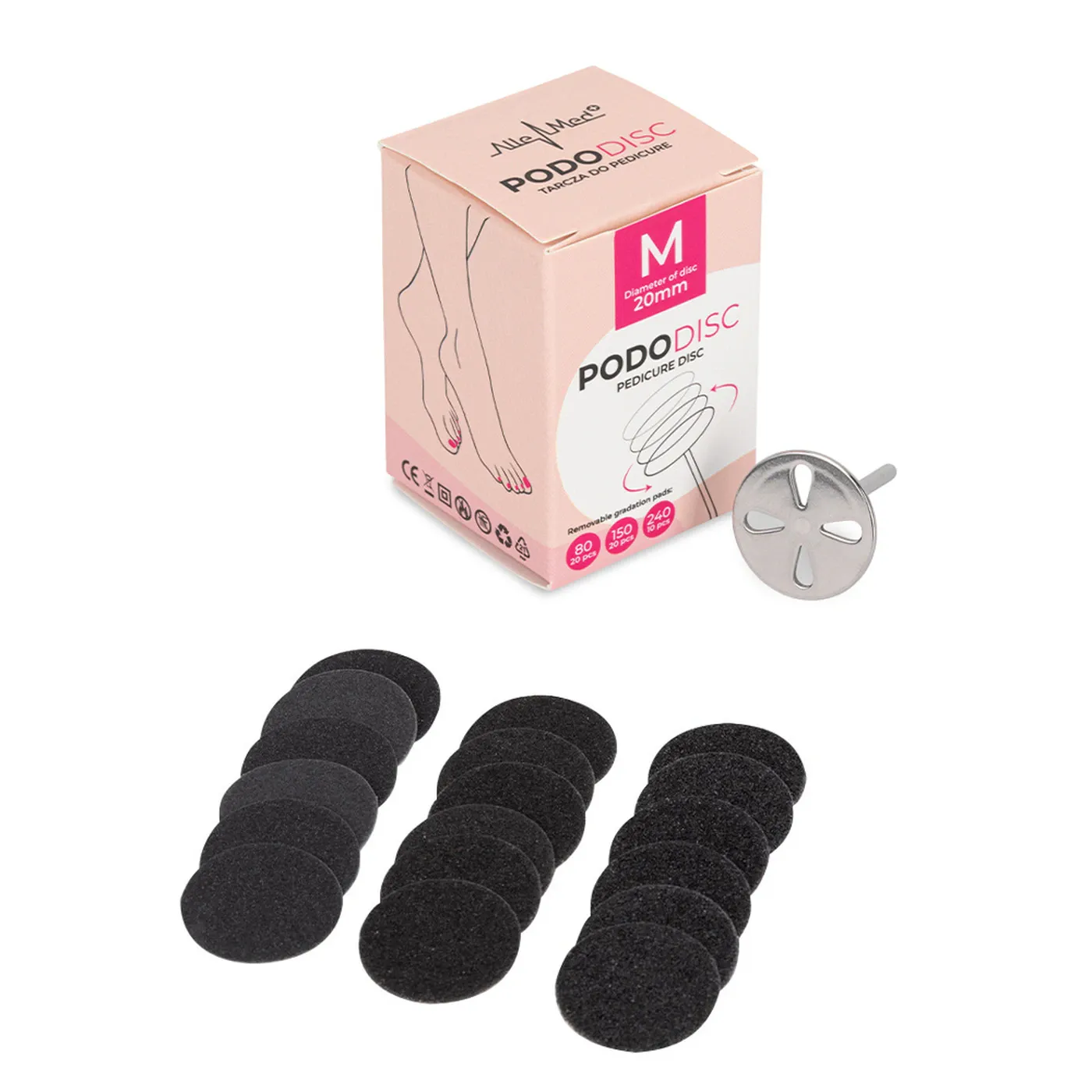 AlleMed PODODISC pedikűr csiszolókorong-készlet tartótárcsával – M, 20 mm – 50 db
