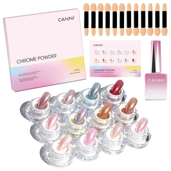 CANNI - Chrome Powder szett - 12db krómpor + Chrome Powder Top Coat 9ml