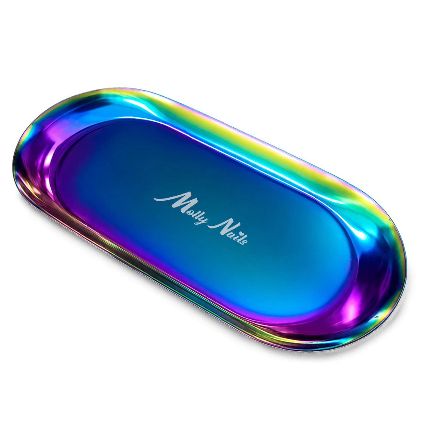 MollyNails ovális fém eszköztálca – szivárvány – 17,8 × 8,3 cm